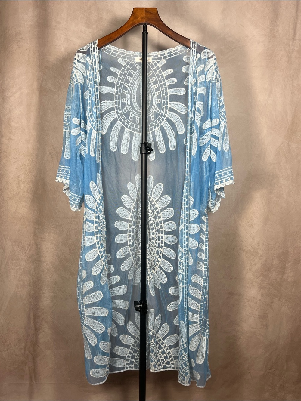 Boho Coastal Blue Embroidered Mesh Duster Sheer Resort Festival Size S